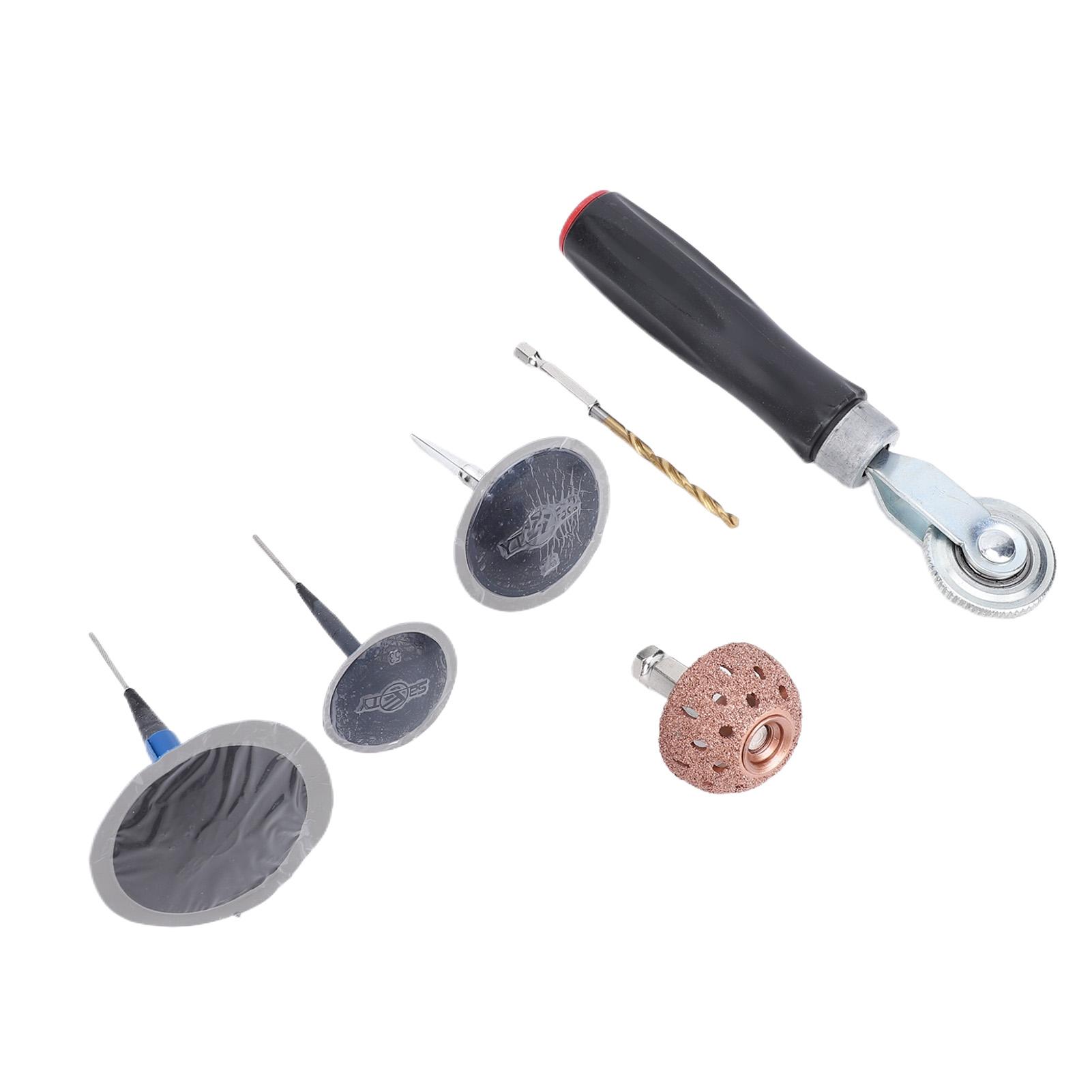 

Tire Repair Patch Tool Kit with Patch Roller Buffing Wheel 4mm Drill Bit Tire Repair Patch Plug for Cars Trucks Bikes