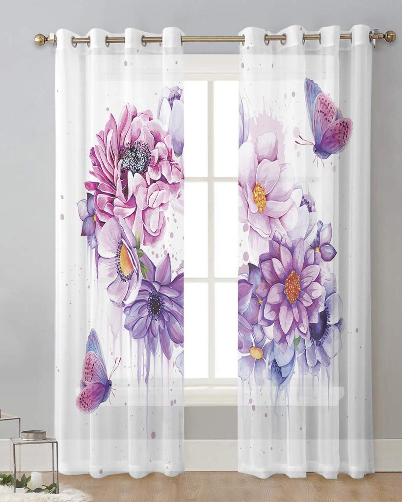 Watercolor Purple Flower Butterfly Sheer Curtains for Living Room Decoration Window Curtains Kitchen Tulle Voile Curtains