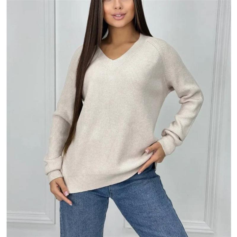 

Knitted top women s V-neck pullover outer wear sweater autumn and winter long sleeves solid color pullover versatile and thin XL белый