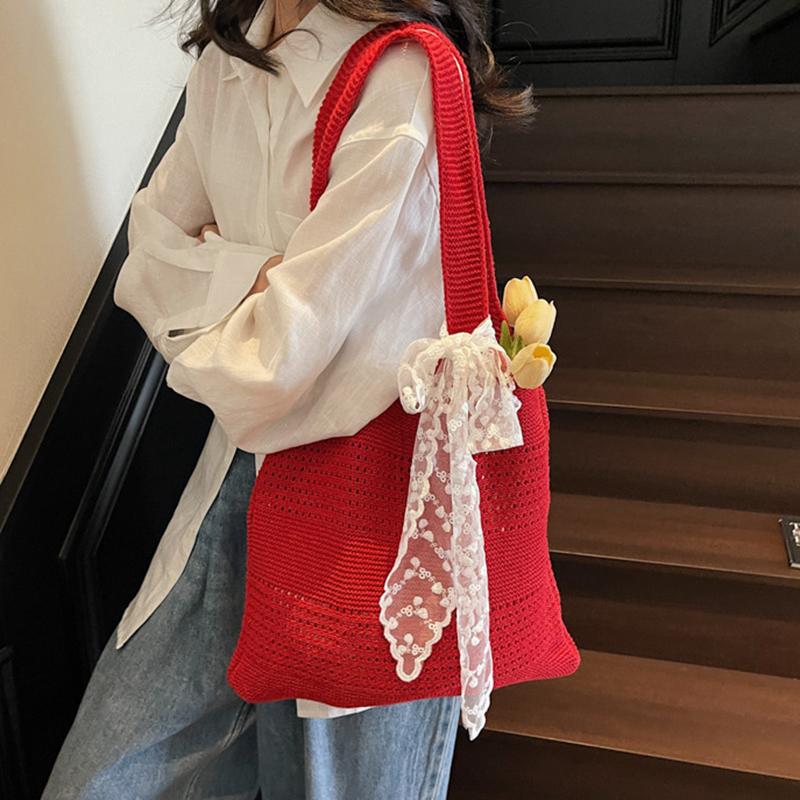 Yogodlns Summer Beach Tote Bag Women New Fashion Hollow Out Weave Shoulder Bags Female Lace Decorate Handbags