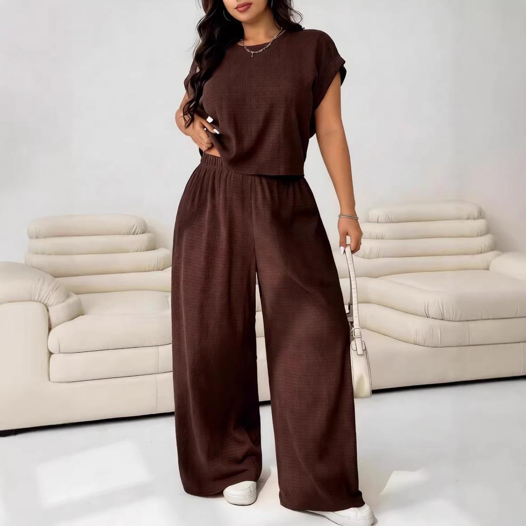 Europe and America Cross-border 2026 Summer New Plus Size Women's Fashion Casual Set Short-Sleeve Top Wide-Leg Pants Two-Piece Set