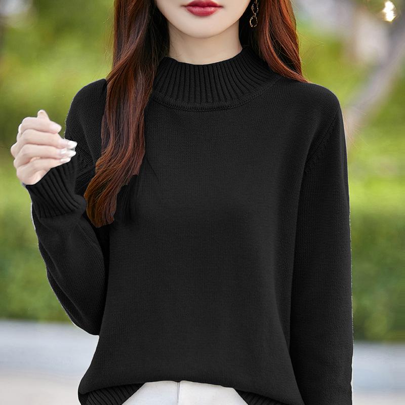 Women's Pure Cotton High-Collar Sweater, Autumn-Winter 2024: Thick Solid Color Knit with Slits, Versatile Base Layer.