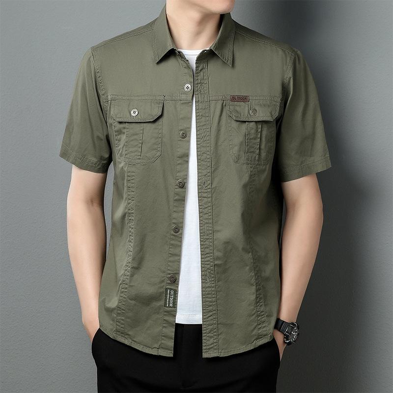 Men's new summer thin short-sleeved shirt jacket men's solid color casual pure cotton outdoor tooling shirt top