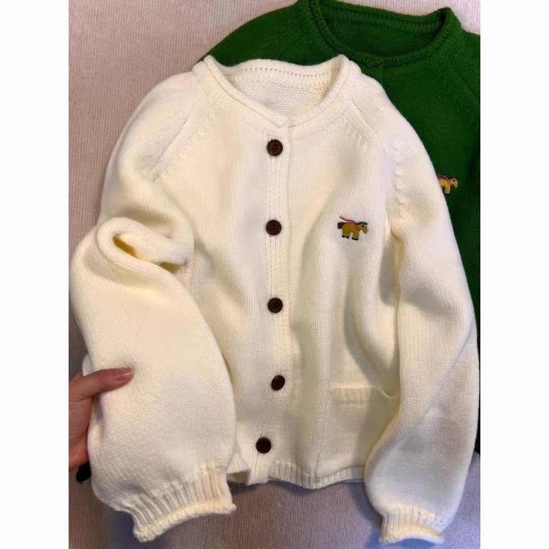 Women's Retro Green Embroidered Knit Cardigan - Fashionable Spring & Autumn Outerwear