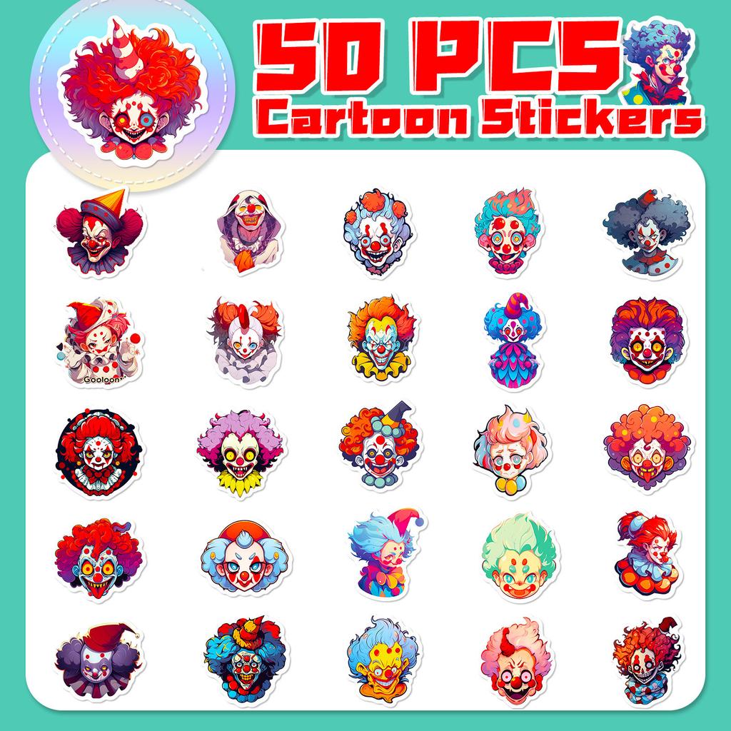 50 Funny Clown Stickers Circus Hip-hop Clown Doodle Stickers Cartoon Graffiti Suitcase Stickers