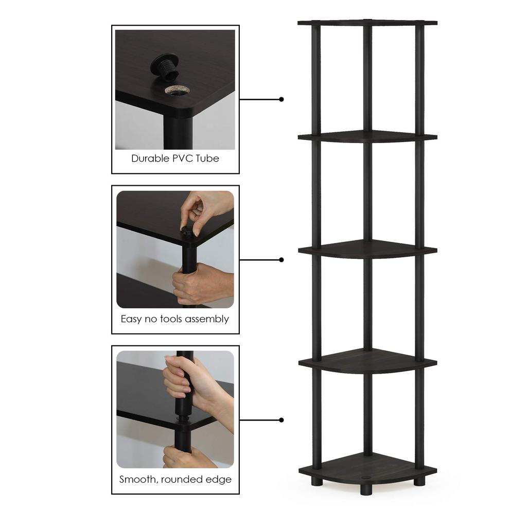 Furinno Corner Height x Width x Depth Official Japanese 5-Tier Shelf/Corner Rack, Espresso/Black Turn-N-Tube, 146.6 29.5 29.5 cm, Import, 99811EX/BK