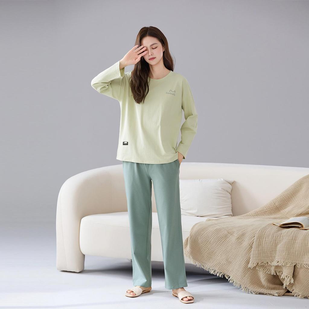 Women's Pure Cotton Pajamas with Chest Pad - Long Sleeve, Plus Size, for Autumn/Winter. Wearable Outdoors, Loose Fit Homewear.