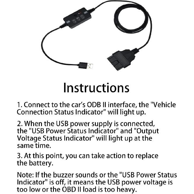 USB Powered Vehicle OBD II Connector Memory Saver With Buzzer, Car ECU Emergency Power Supply Cable, Automotive Battery Replacement/Disconnect Tool,