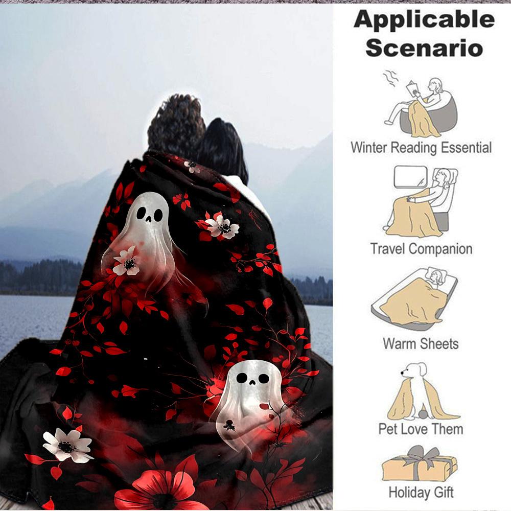 1pc Ghost Floral Blanket, Lightweight Flannel Throw Blanket for Sofa, Bed, Travel, Camping, Living Room, Office, Couch080