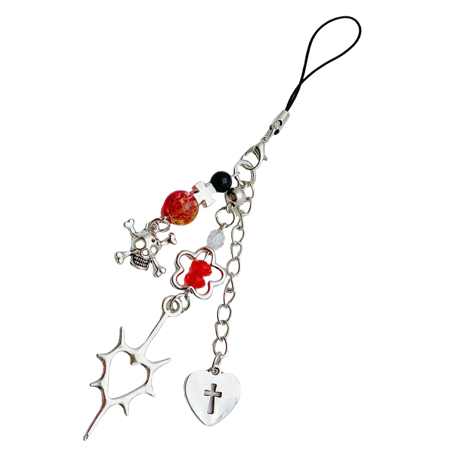 

Ремешок для телефона в виде сердца с распятием и цветком, брелок ручной работы из бисера, модный брелок для ключей, аксессуар для сумочки для любителей моды красный