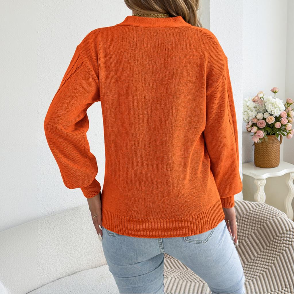 Women's V-Neck Cutout Sweater - Color Knit Pullover for Casual Daily Wear