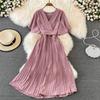 Summer new V-neck short-sleeved dress over the knee slim-fitting pleated temperament lady waist lace-up big pendulum mid-length dress