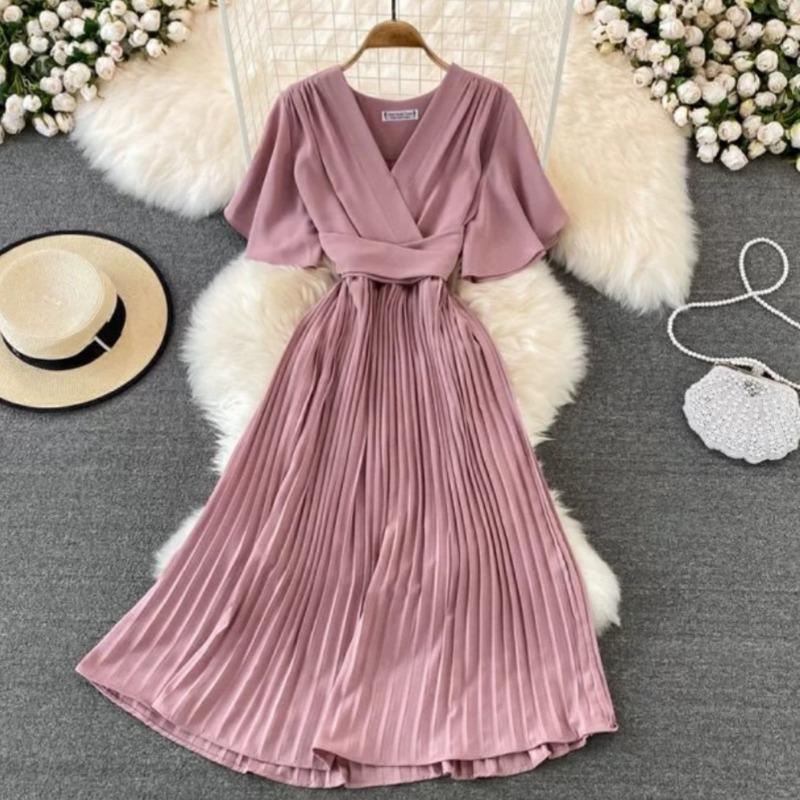 Summer new V-neck short-sleeved dress over the knee slim-fitting pleated temperament lady waist lace-up big pendulum mid-length dress