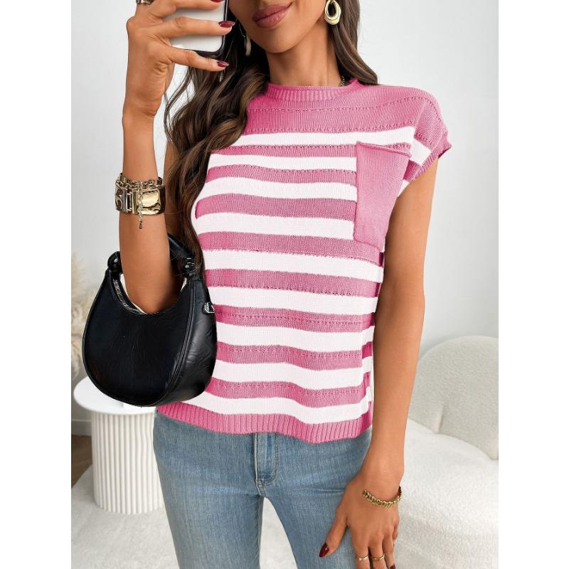 Summer New Women's Round Neck Top Thick Stitch Casual Striped Sweater