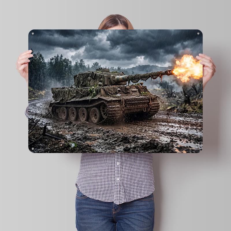 Tiger Tank Firing In Muddy Rain Personalized D Textured Metal Poster Wall Art Tinplate Sign for Home Decor Accessories House