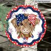 2D Flat, 1pc Round Aluminum Patriotic Highland Cow Sign, Welcome Plaque with American Flag Bandana Design, Cute Farm Animal Firework Design