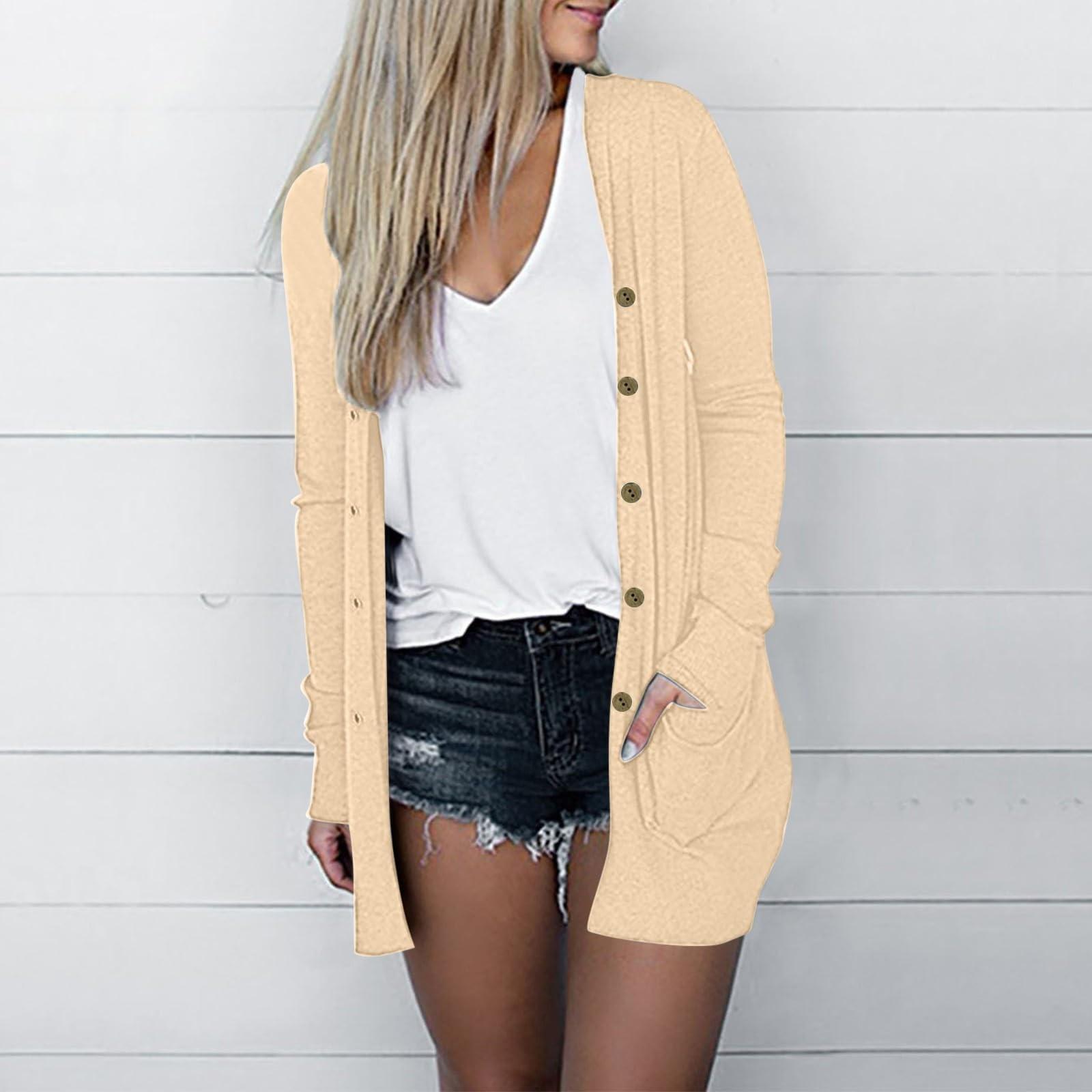 Женская мода Свободный повседневный карманный однотонный кардиган с длинными рукавами — фото 7