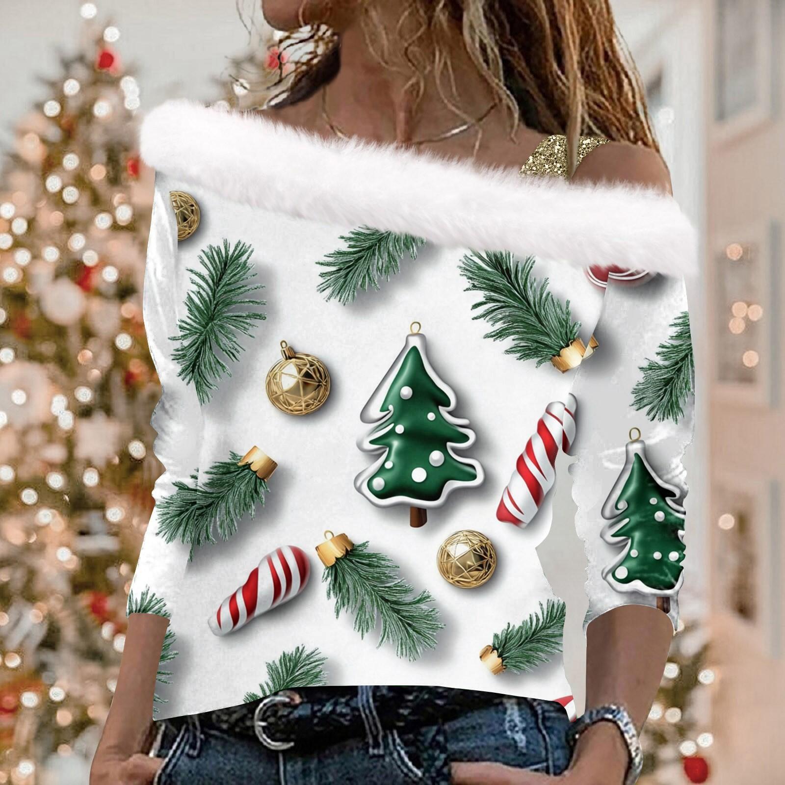 

Женский рождественский принт с длинными рукавами из твила, пуловер с воротником, топ с длинными рукавами M