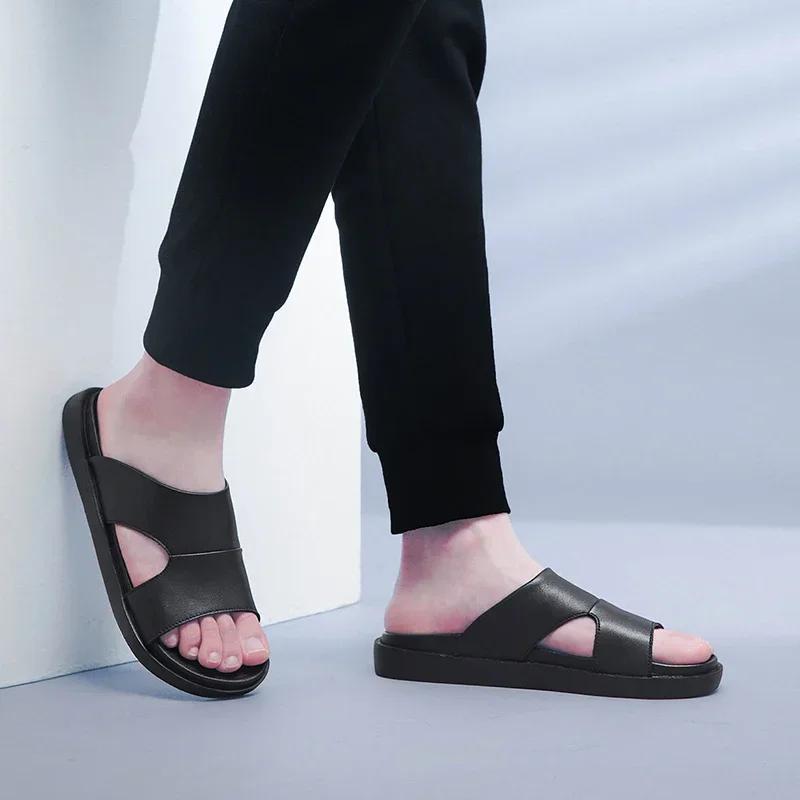 Fashion Luxury Mans Slippers Genuine Leather Men's Summer Shoes Casual Beach Slipper Outdoor Male Home Flip Flops Soft Breathable Shoes