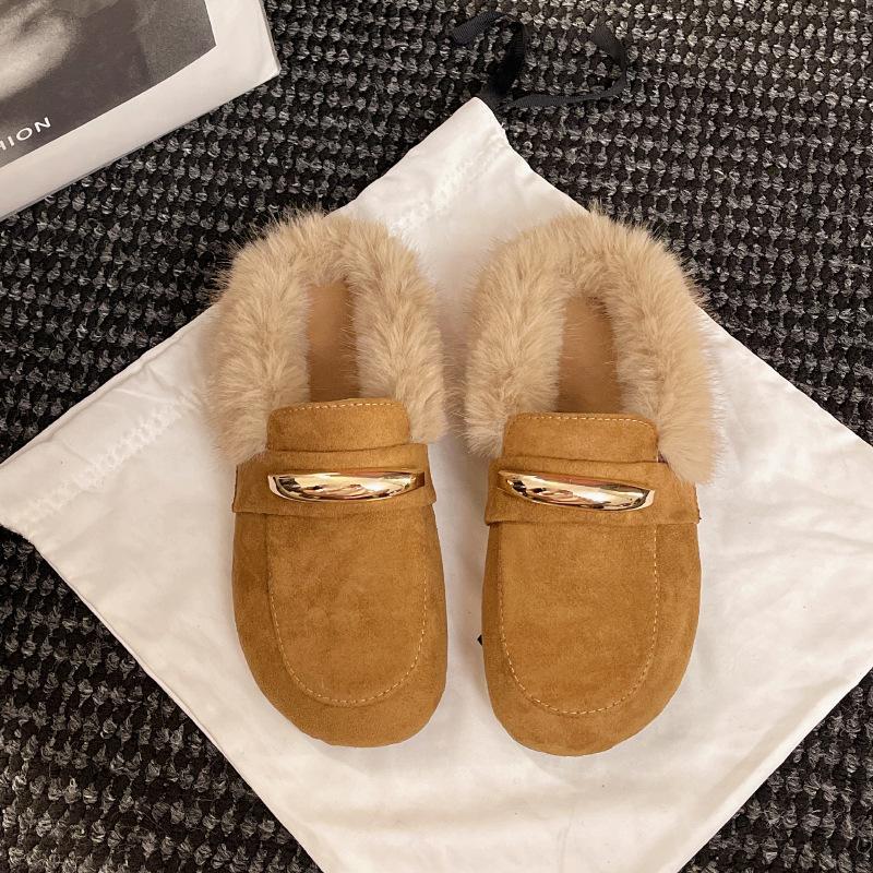 Vintage Beef Reverse Velvet Boken Slippers Fashion Wear Lazy Muller Shoes Versatile Flat Bottom Velvet Lamb Wool Half Drag