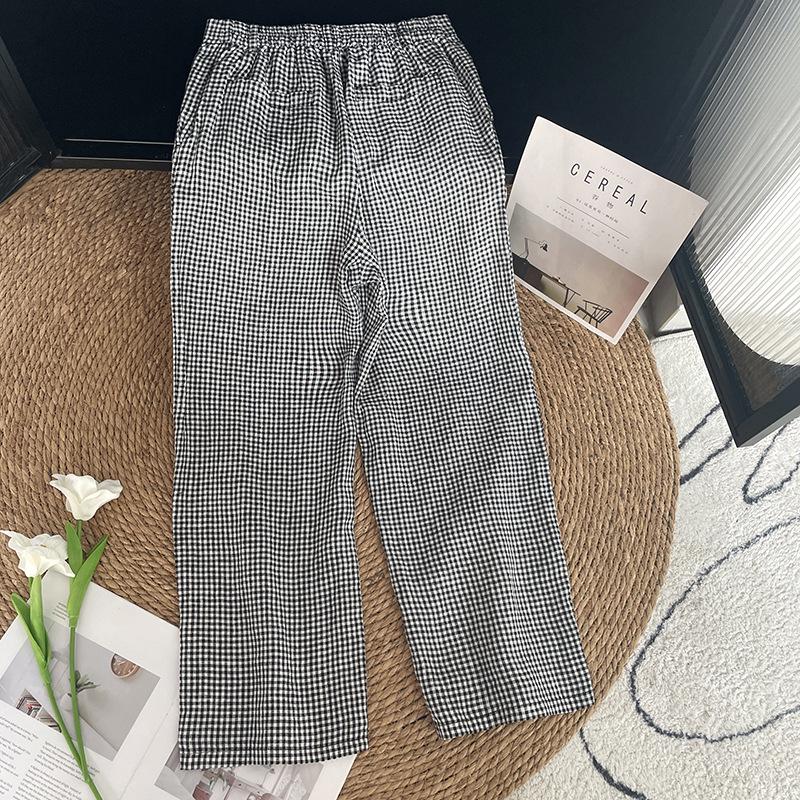 High-End Women's Plaid Cotton-Linen Pants, Summer 2025 Style, High-Waisted Slimming Straight-Leg, Versatile & Casual.