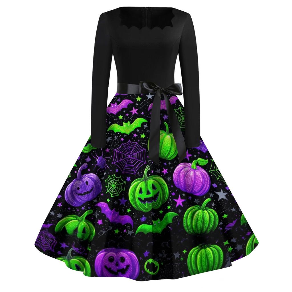 Robe décontractée vintage pour femme avec imprimé Halloween, col carré, manches longues, ceinture à la taille, style rétro, jupe évasée