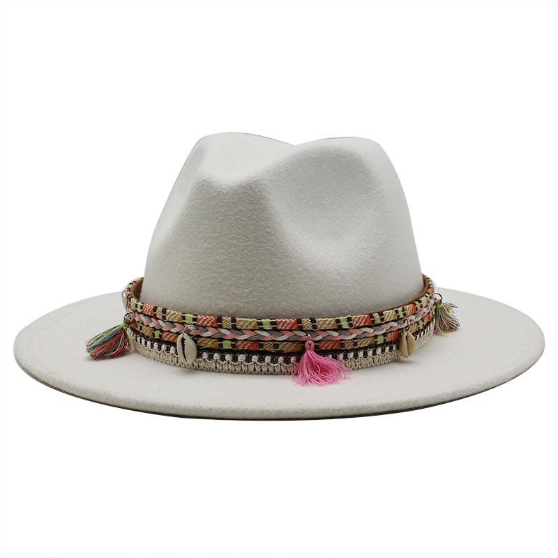 Woolen Top Hat, Fringed Minority Style Jazz Hat, Retro Flat-Brimmed Big Eaves Hat.