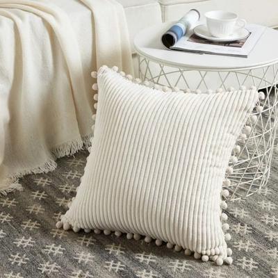 Durable Square Bohemia Throw Pillow Cover with Pom-pom Stripe Pattern Pillowcase Skin-friendly Corduroy Cushion Cover Car