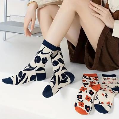 3 Paia Calzini da Donna Stampati Girocollo Moda Versatili Fantasie Floreali Morbidi Comodi Traspiranti Casual Calzini di Media Lunghezza