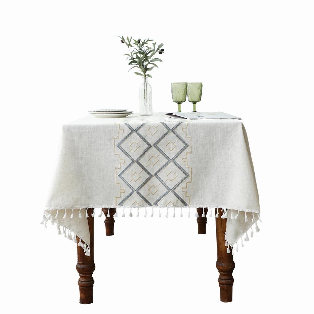 Tablecloth Cotton And Linen Fringed Three-Dimensional Embroidery Rectangular Party Picnic Tablecloth
