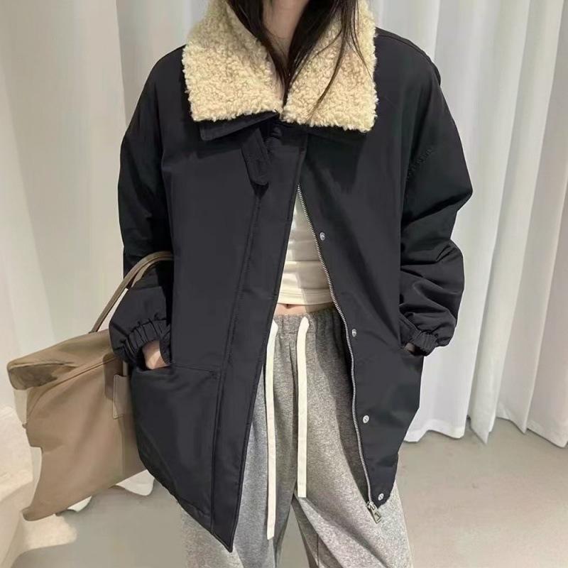 

Женская хлопковая куртка-парка с отложным воротником из овечьей шерсти, съемная, 2025 зима, новая, повседневная, в стиле милитари, утолщенная, модная M чёрный