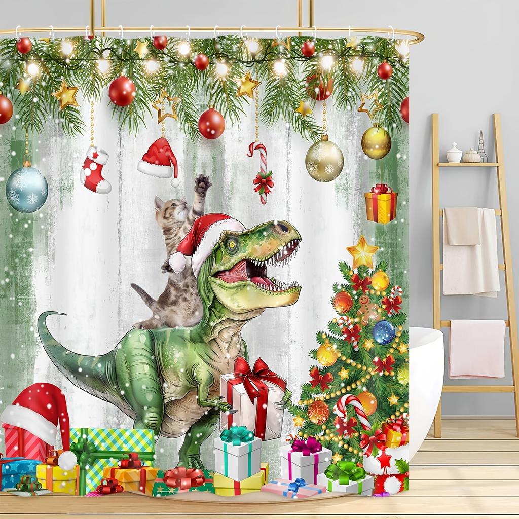 2026 Christmas Shower Curtain - Funny Cat & Dinosaur Design With Xmas Ornaments, Waterproof Polyester Bathroom Decor, 72X72In