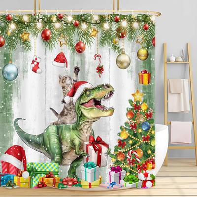 2026 Christmas Shower Curtain - Funny Cat & Dinosaur Design with Xmas Ornaments, Waterproof Polyester Bathroom Decor, 72x72in