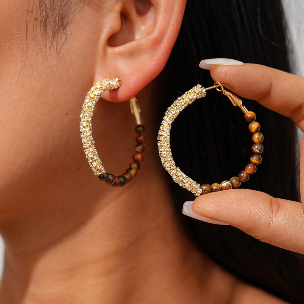 European and American diamond-set tiger's eye stone beaded round silver needle earrings Maillard autumn and winter retro earrings