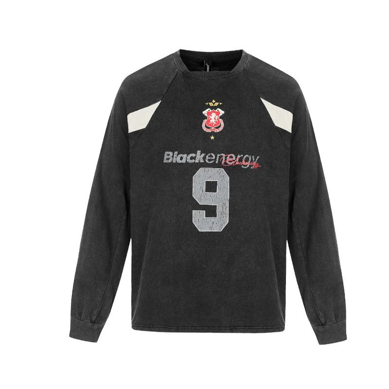 Mens Long Sleeve Cotton T-Shirt Vintage Washed Retro Moto Style Loose Fit Sport Graphic Tee