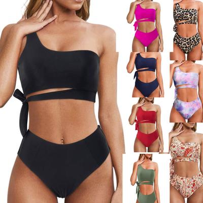 Damesmode Sexy Twee Delig Bikini Zwempak Gewatteerd Eén Schouder Vetersluiting Top Hoge Taille Broekje Zwemkleding Set Effen Tankini Badpak