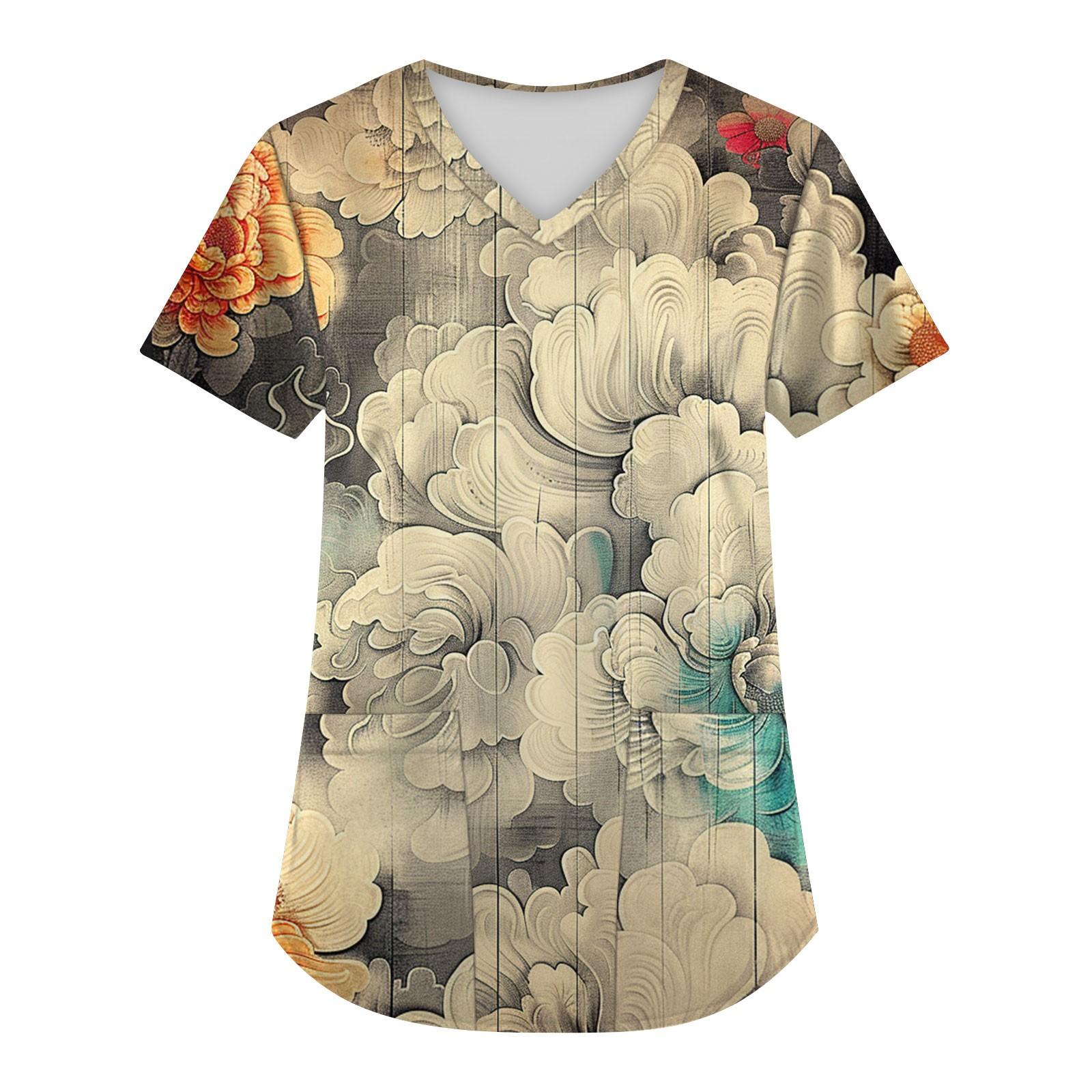 

Плюс размер печатной рабочей формы, топы для женщин, v-образный вырез, рождественский принт, забавные футболки с короткими рукавами, рабочая одежда, футболка с карманами XL белый