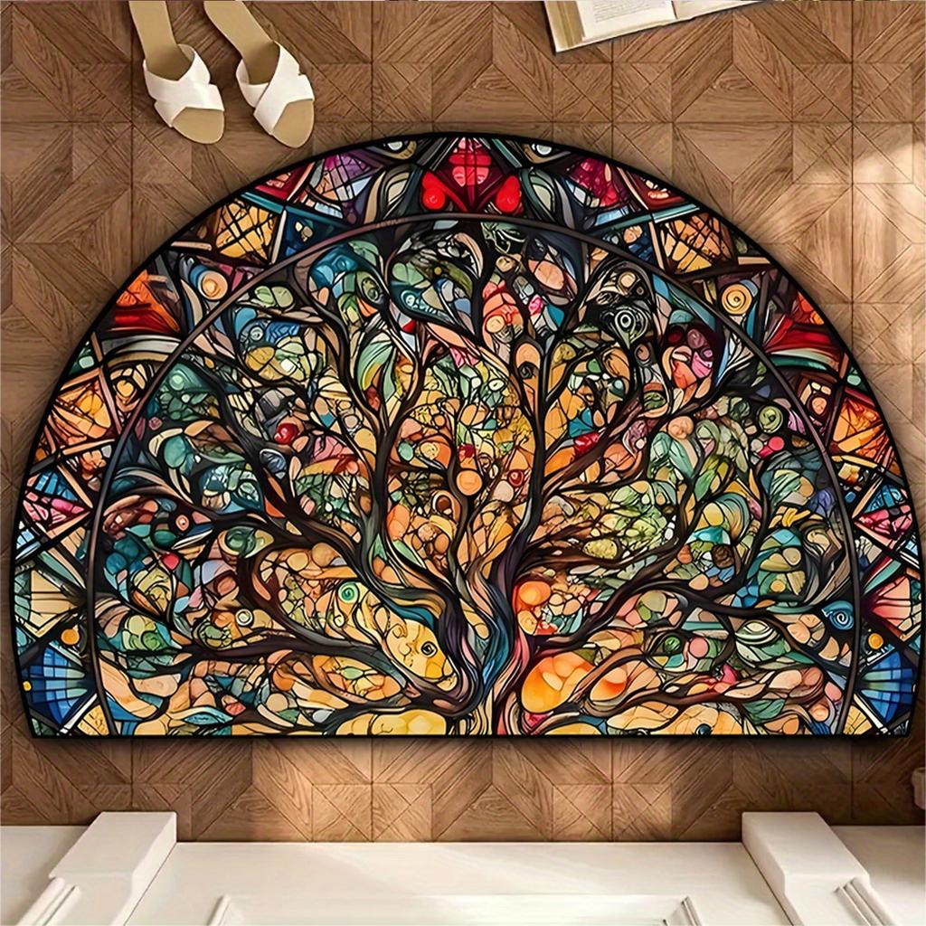 1Pcs Colorful Tree Semi Circle Welcome Doormat Non-Slip for Outdoor Patio Porch Kitchen Bathroom Entryway Floor Mat