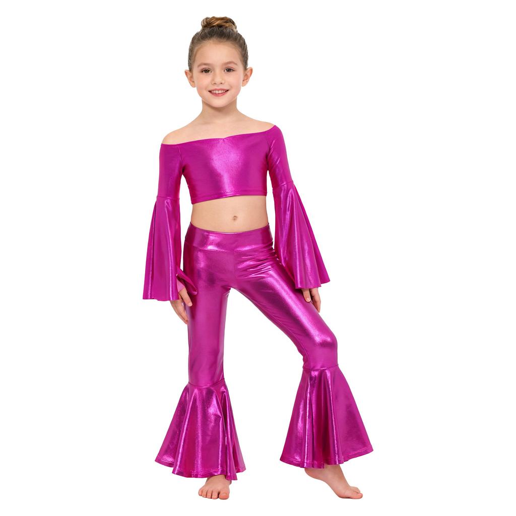 Top Corto Metallico da Ragazza Manica Lunga a Svasatura Scollatura a Barca Pantaloni a Zampa Lucidi Set per Esibizione sul Palco