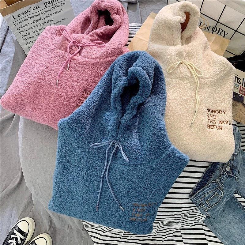 Lamb Fleece Hoodie for Women, Korean Version, Trendy Student, Loose and Lazy Style, Autumn and Winter with Thick Fleece and Hooded Top, Jacket