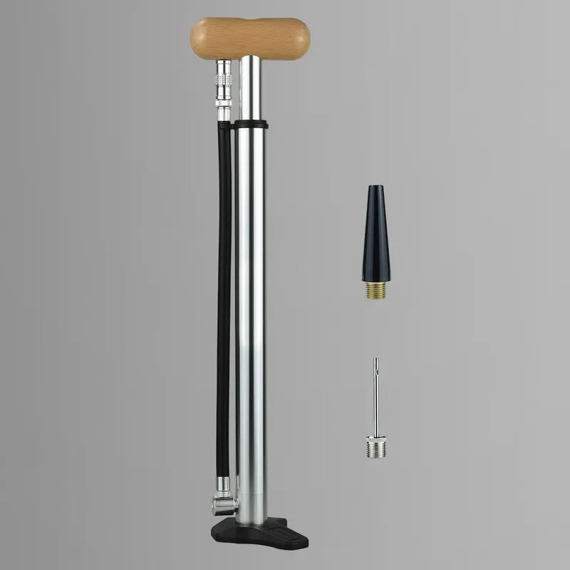 Aluminum Alloy Silvery Portable Bicycle Manual Air Pump 150 PSI with Quick Switch Nozzle for Road/MTB Bike with Wooden Handle