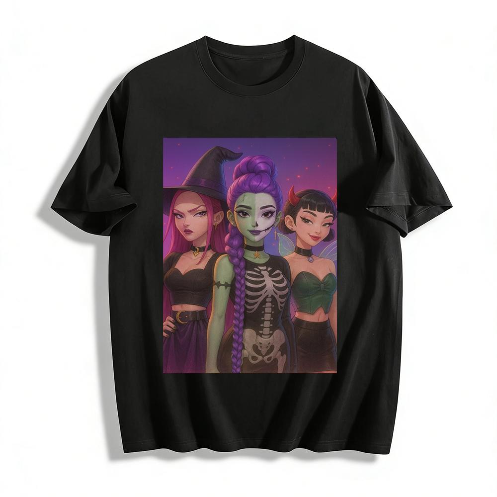 

Halloween Dark Witch Skeleton Fairy Print Top Festive Trendy Graphic Tee For Women Pure cotton T-shirt XXS