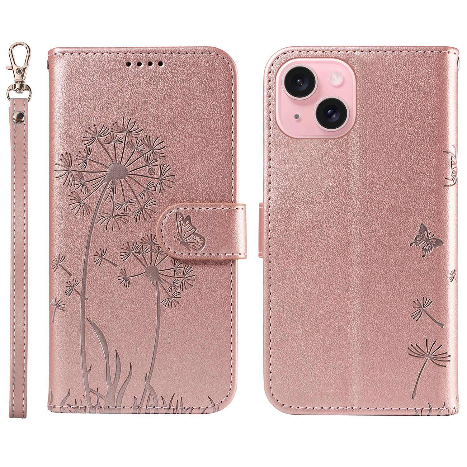 

For iPhone 15 Leather Case Wallet Phone Cover Dandelion Imprint Rose Gold