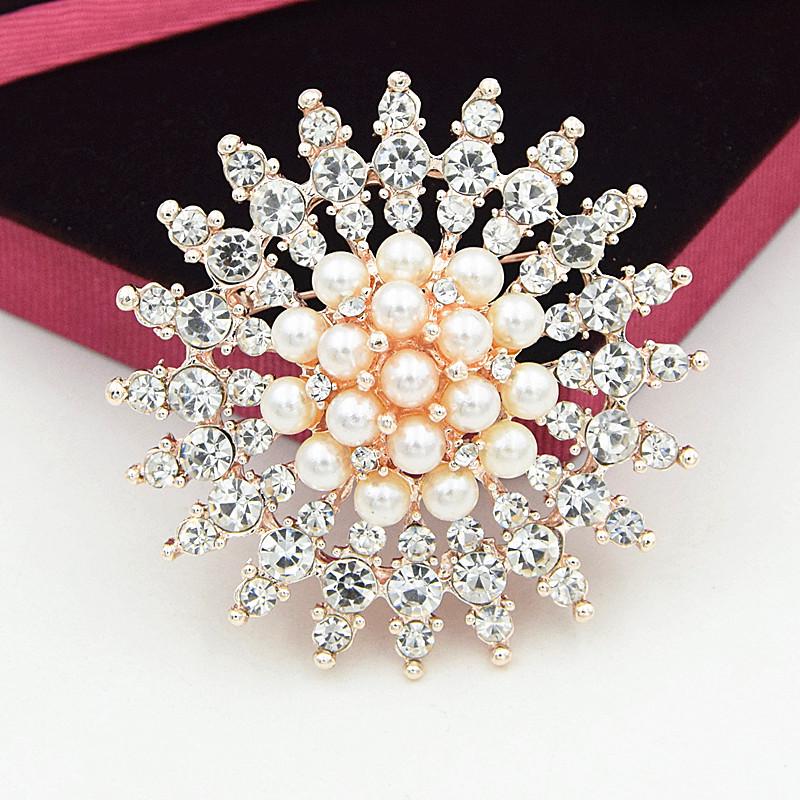 Elegant Rhinestone Pearl Snowflake Brooch - Premium Alloy for Wedding and Formal Wear