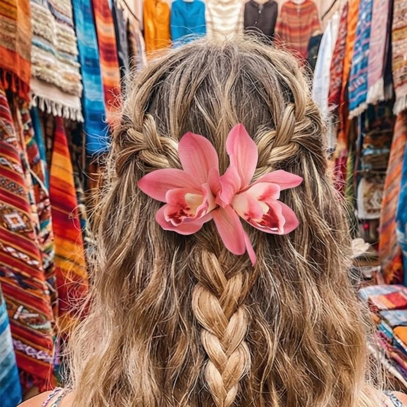 Bohemian Style Hairpin Double Large Artificial Cymbidium Flower Hair Clip For Women And Girls Fashion Accessory