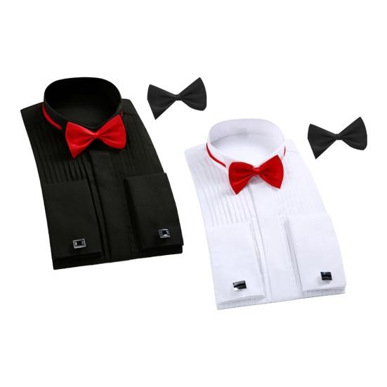 Bridegroom Shirt Top with Bow Ties Solid Color Long Sleeve Lapel Button-up