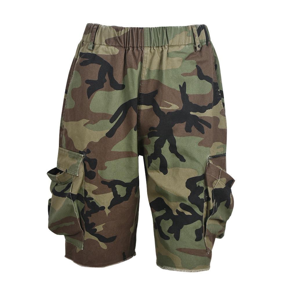 Damen Mittelhohe Camouflage Cargo-Shorts Lockerer Schnitt Streetwear Sandwaschung Buchstaben Patchwork Bermuda-Shorts