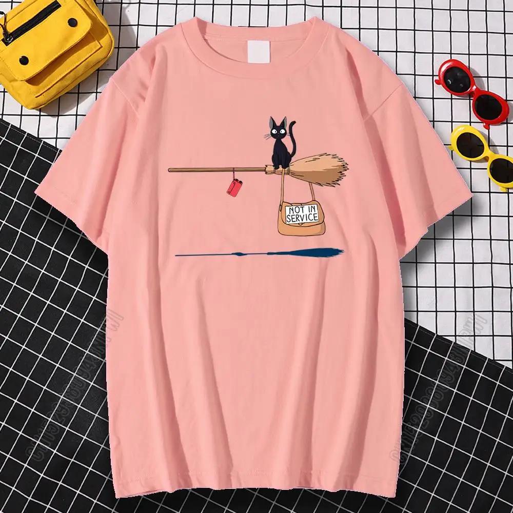 New 2026 Unisex 100 Pure Cotton Shortsleeved Tshirt with A Black Cat Pattern Print on A Unisexs Magic Broom and A Streetwear Top