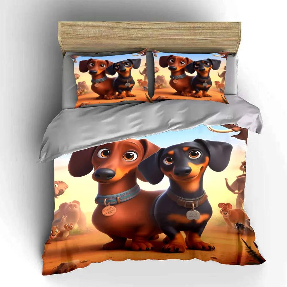 3Pcs Dachshund Bedding Set Cute Cartoon Wiener Dogs Print Duvet Cover + 2 Pillowcases Large-sized home decor gifts