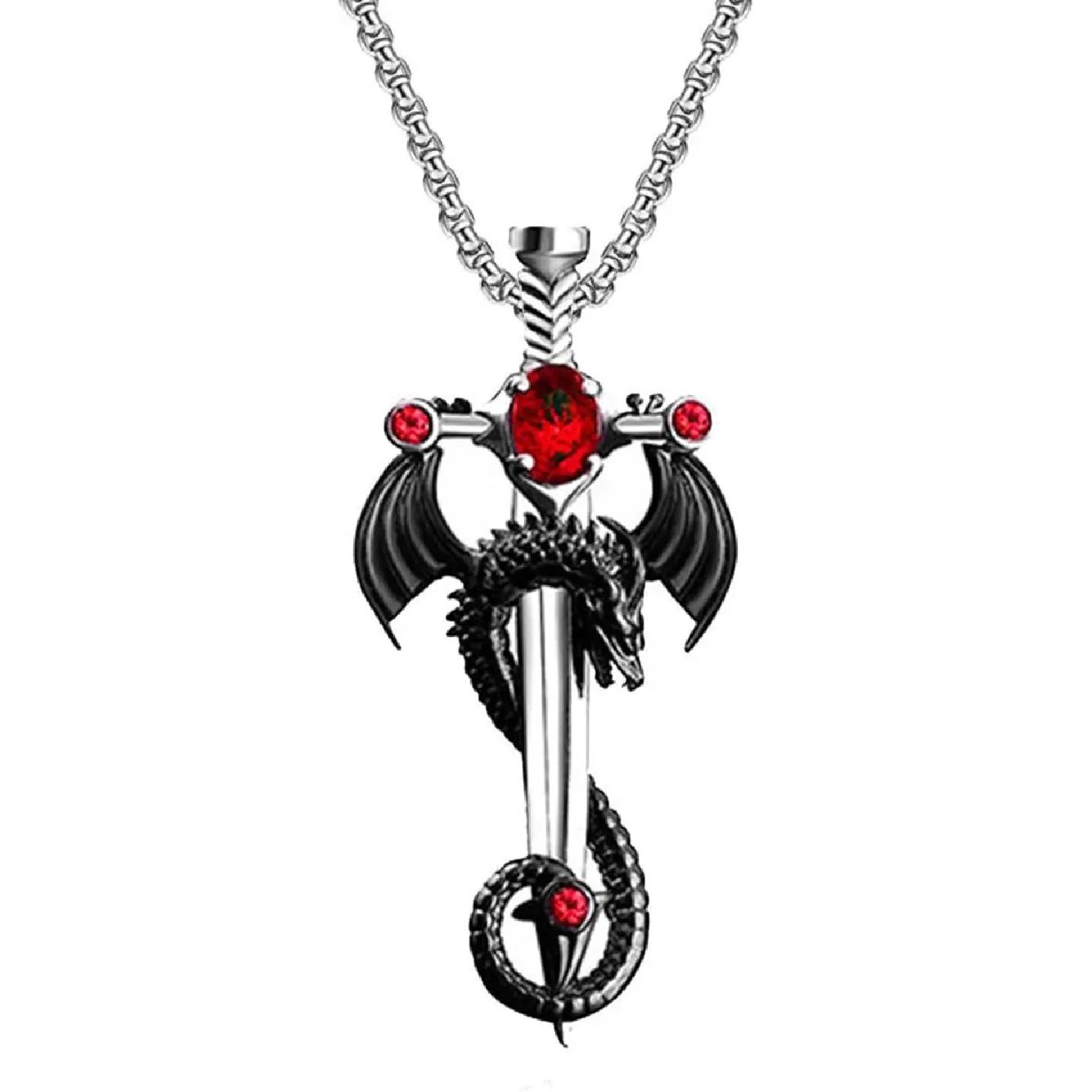 Gothic Dragon Sword Cross Pendant Necklace-Punk Zircon Dragon Pendant-Vintage Wrapped Sword-Dark Gothic Jewelry for Men & Women men red